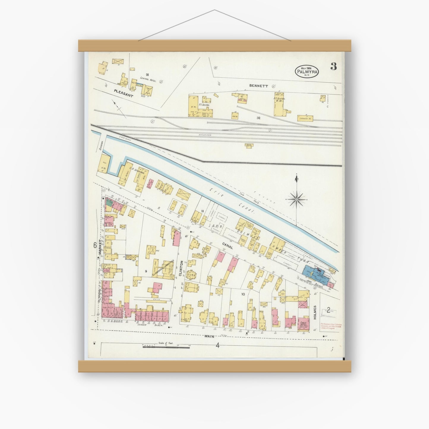 Old map wall art mockup — magnetic wood frame on white wall — Sanborn Fire Insurance Map from Palmyra, Wayne County, New York (1906), Sheet #0003