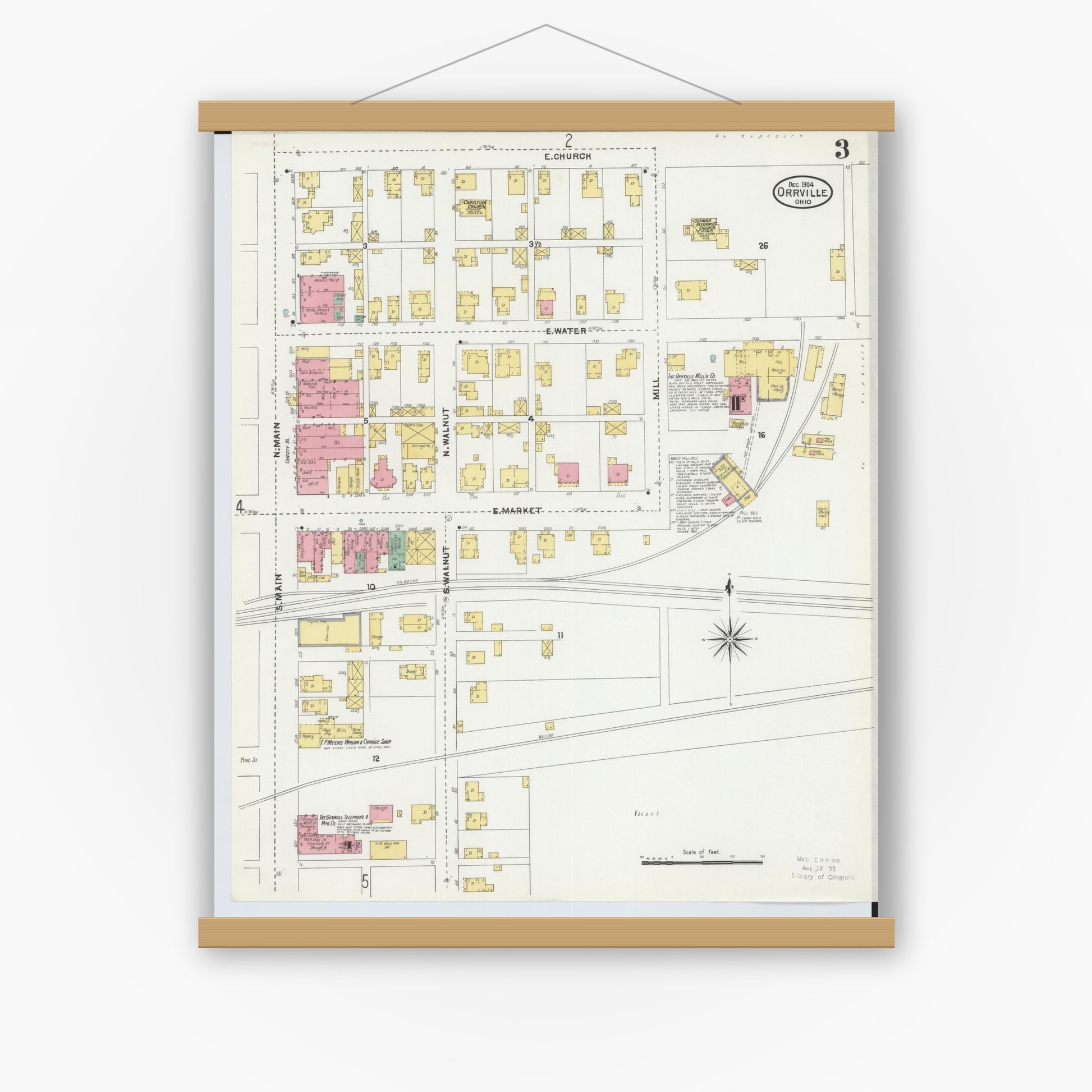 Old map wall art mockup — magnetic wood frame on white wall — Sanborn Fire Insurance Map from Orrville, Wayne County, Ohio (1904), Sheet #0003