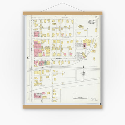Old map wall art mockup — magnetic wood frame on white wall — Sanborn Fire Insurance Map from Orrville, Wayne County, Ohio (1904), Sheet #0003