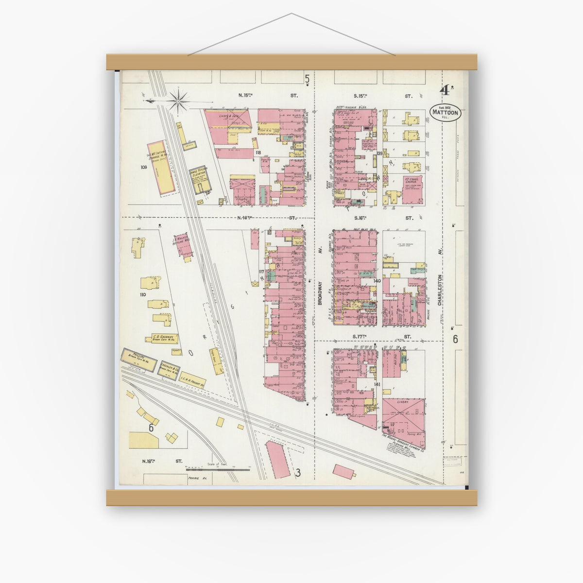 Old map wall art mockup — magnetic wood frame on white wall — Sanborn Fire Insurance Map from Mattoon, Coles County, Illinois (1902), Sheet #0004