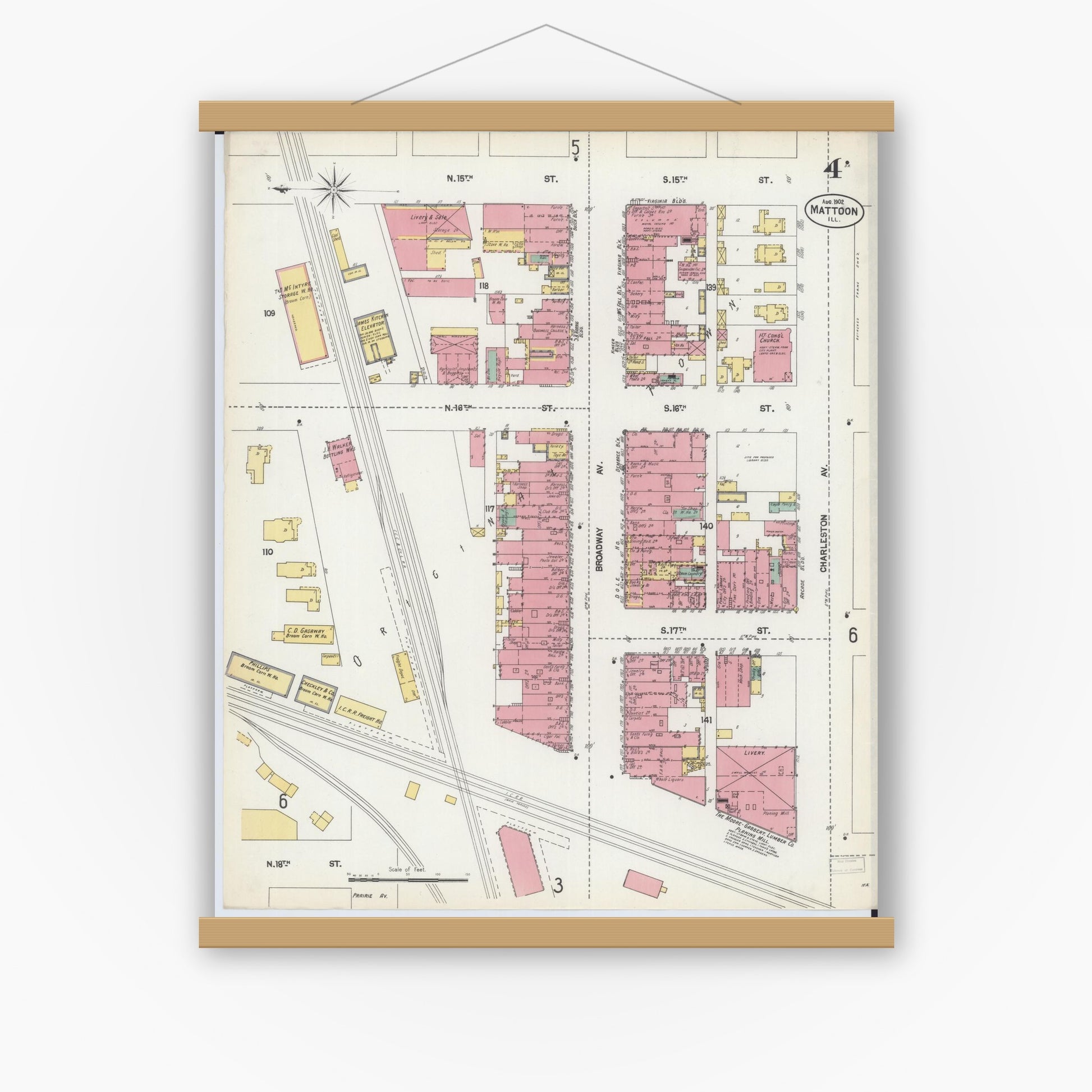 Old map wall art mockup — magnetic wood frame on white wall — Sanborn Fire Insurance Map from Mattoon, Coles County, Illinois (1902), Sheet #0004