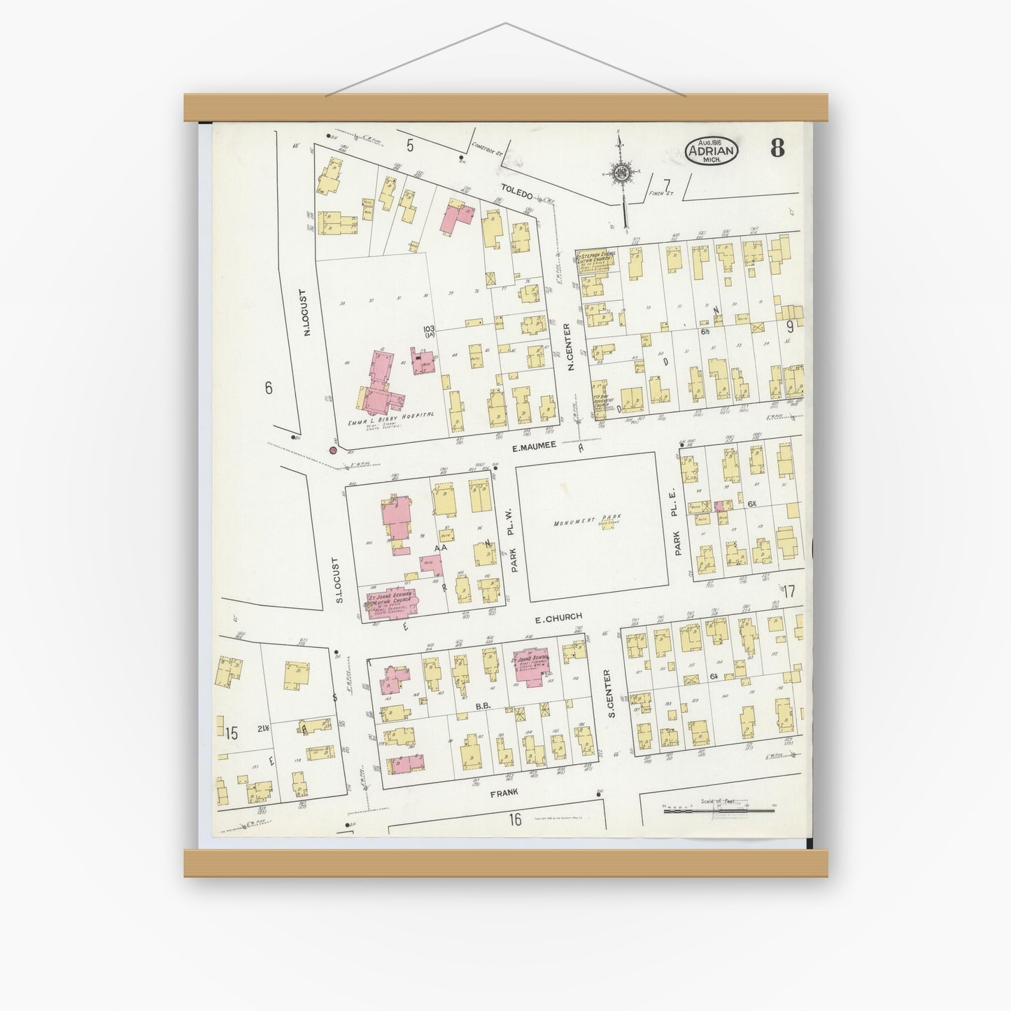 Old map wall art mockup — magnetic wood frame on white wall — Sanborn Fire Insurance Map from Adrian, Lenawee County, Michigan (1916), Sheet #0008