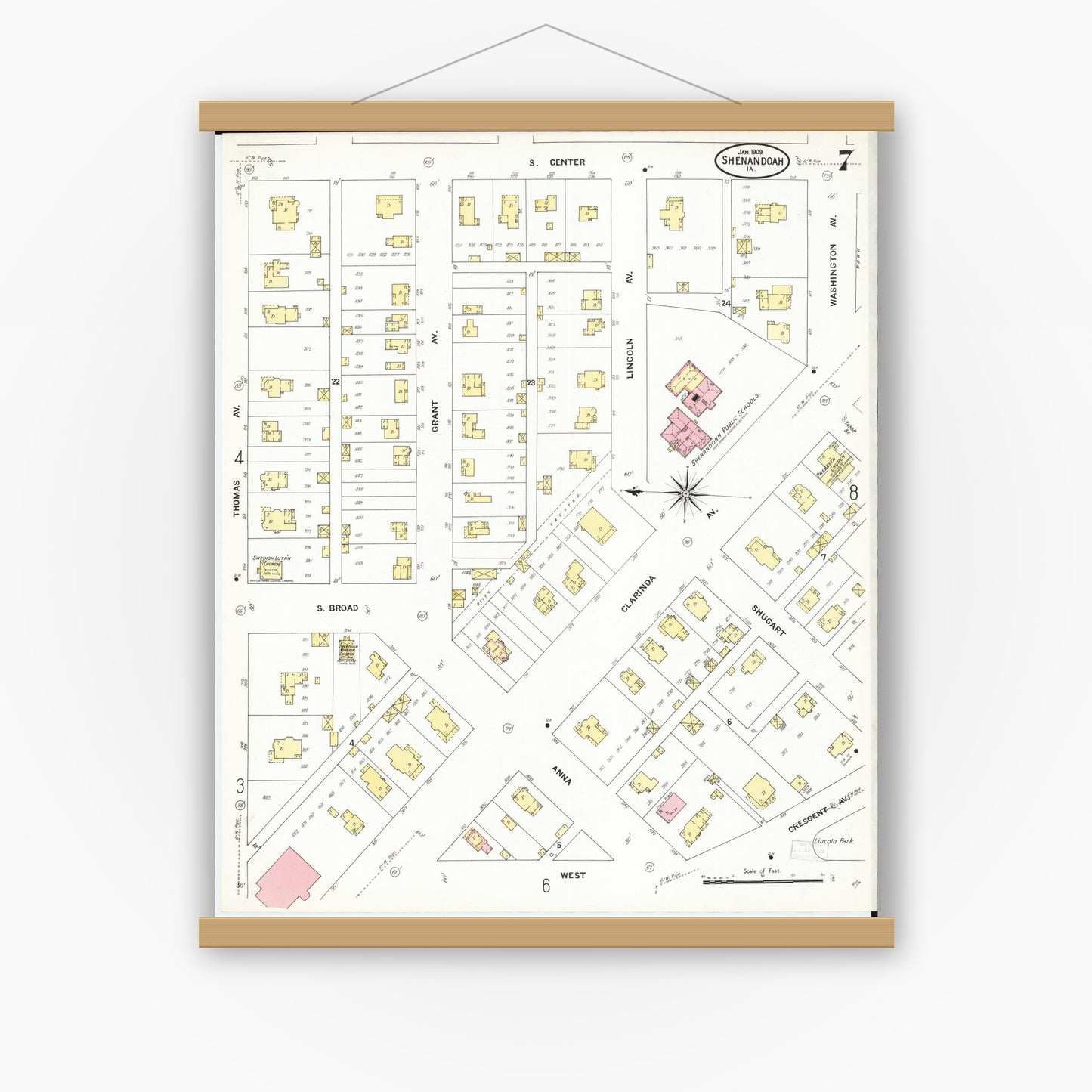 Old map wall art mockup — magnetic wood frame on white wall — Sanborn Fire Insurance Map from Shenandoah, Page County, Iowa (1909), Sheet #0007