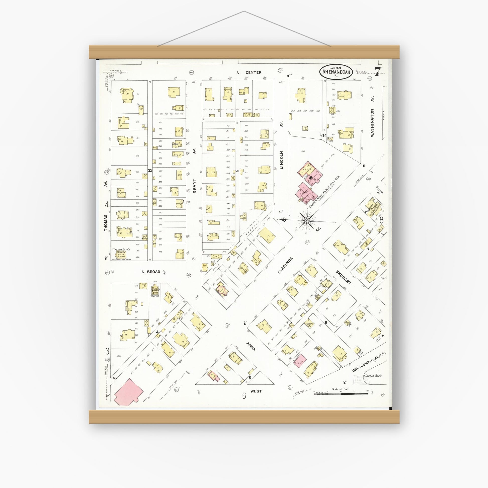 Old map wall art mockup — magnetic wood frame on white wall — Sanborn Fire Insurance Map from Shenandoah, Page County, Iowa (1909), Sheet #0007