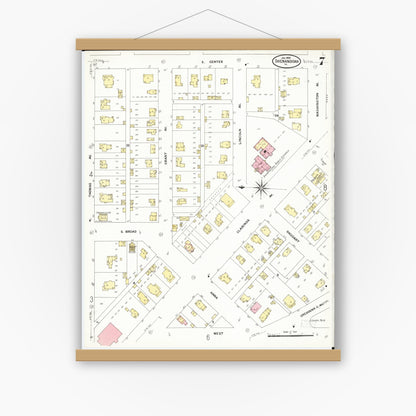 Old map wall art mockup — magnetic wood frame on white wall — Sanborn Fire Insurance Map from Shenandoah, Page County, Iowa (1909), Sheet #0007