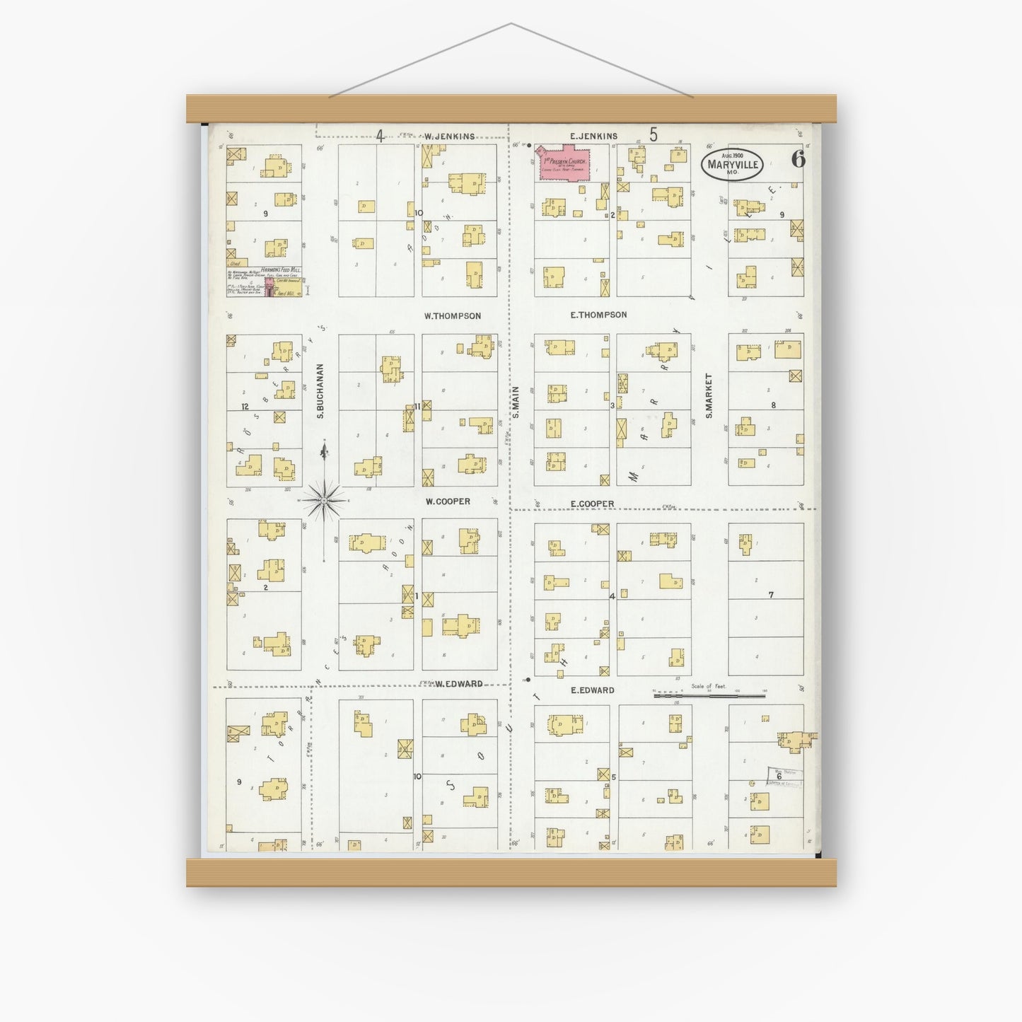 Old map wall art mockup — magnetic wood frame on white wall — Sanborn Fire Insurance Map from Maryville, Nodaway County, Missouri (1900), Sheet #0006