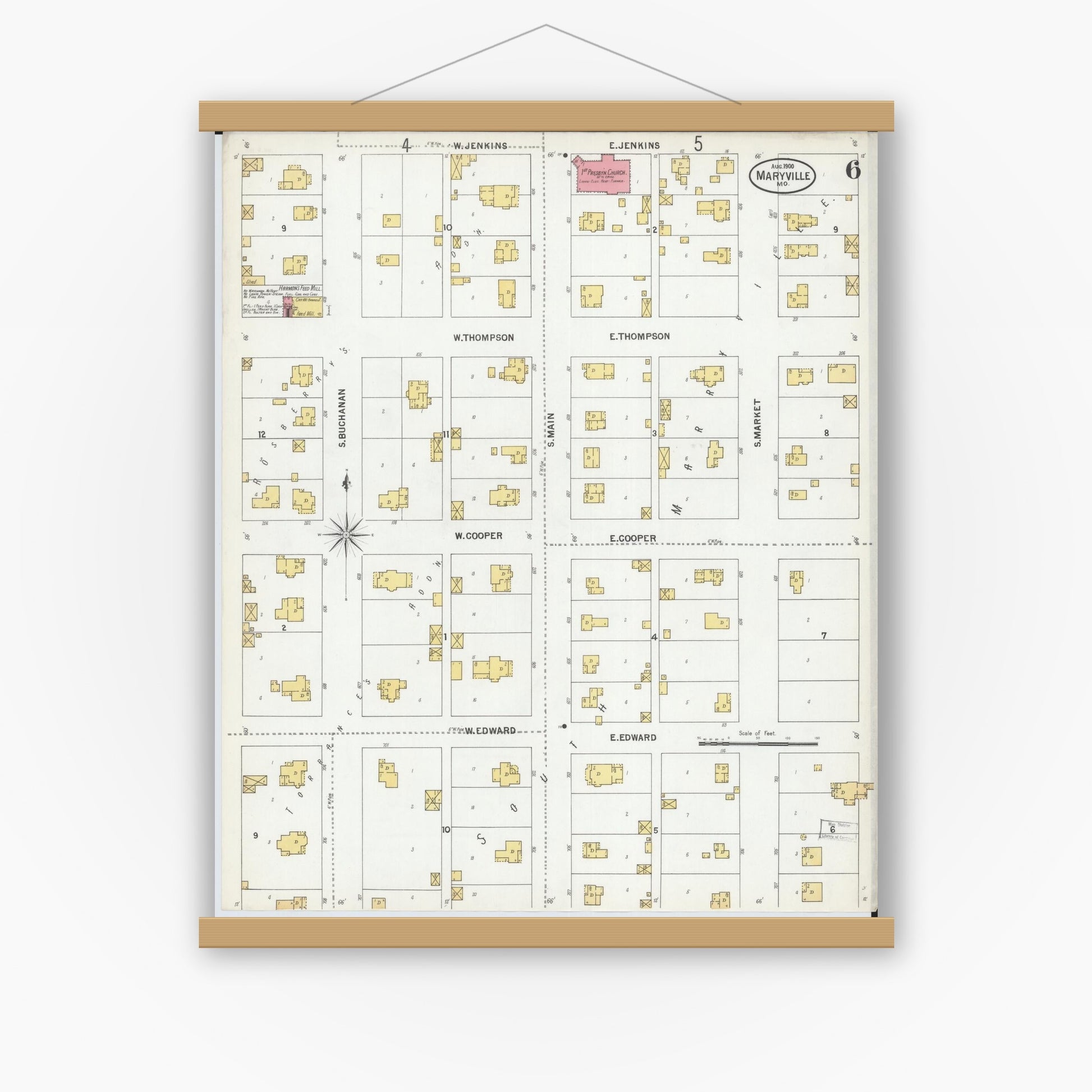 Old map wall art mockup — magnetic wood frame on white wall — Sanborn Fire Insurance Map from Maryville, Nodaway County, Missouri (1900), Sheet #0006