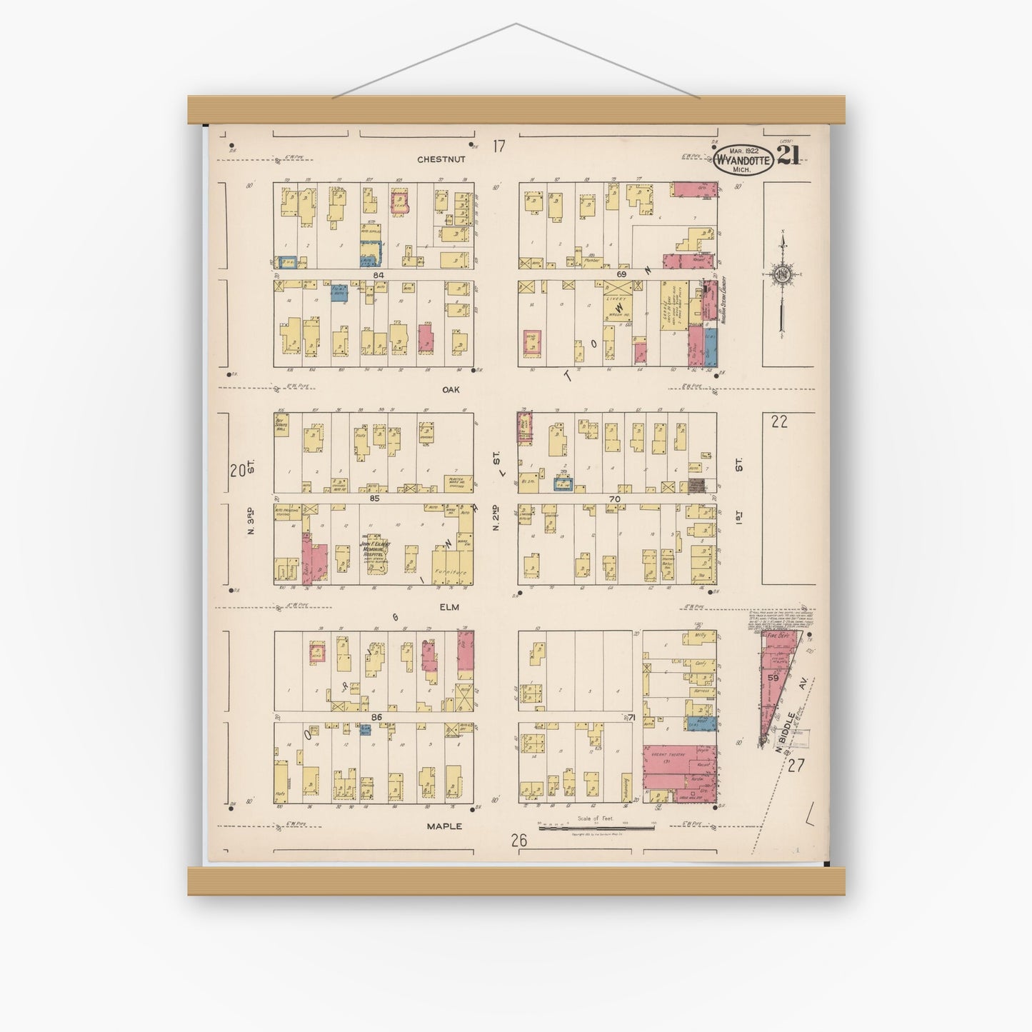 Old map wall art mockup — magnetic wood frame on white wall — Sanborn Fire Insurance Map from Wyandotte, Wayne County, Michigan (1922), Sheet #0021
