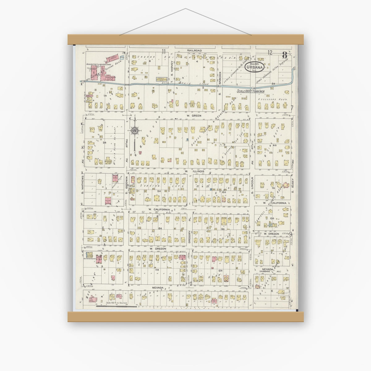 Old map wall art mockup — magnetic wood frame on white wall — Sanborn Fire Insurance Map from Urbana, Champaign County, Illinois (1915), Sheet #0008