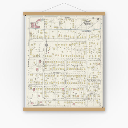 Old map wall art mockup — magnetic wood frame on white wall — Sanborn Fire Insurance Map from Urbana, Champaign County, Illinois (1915), Sheet #0008