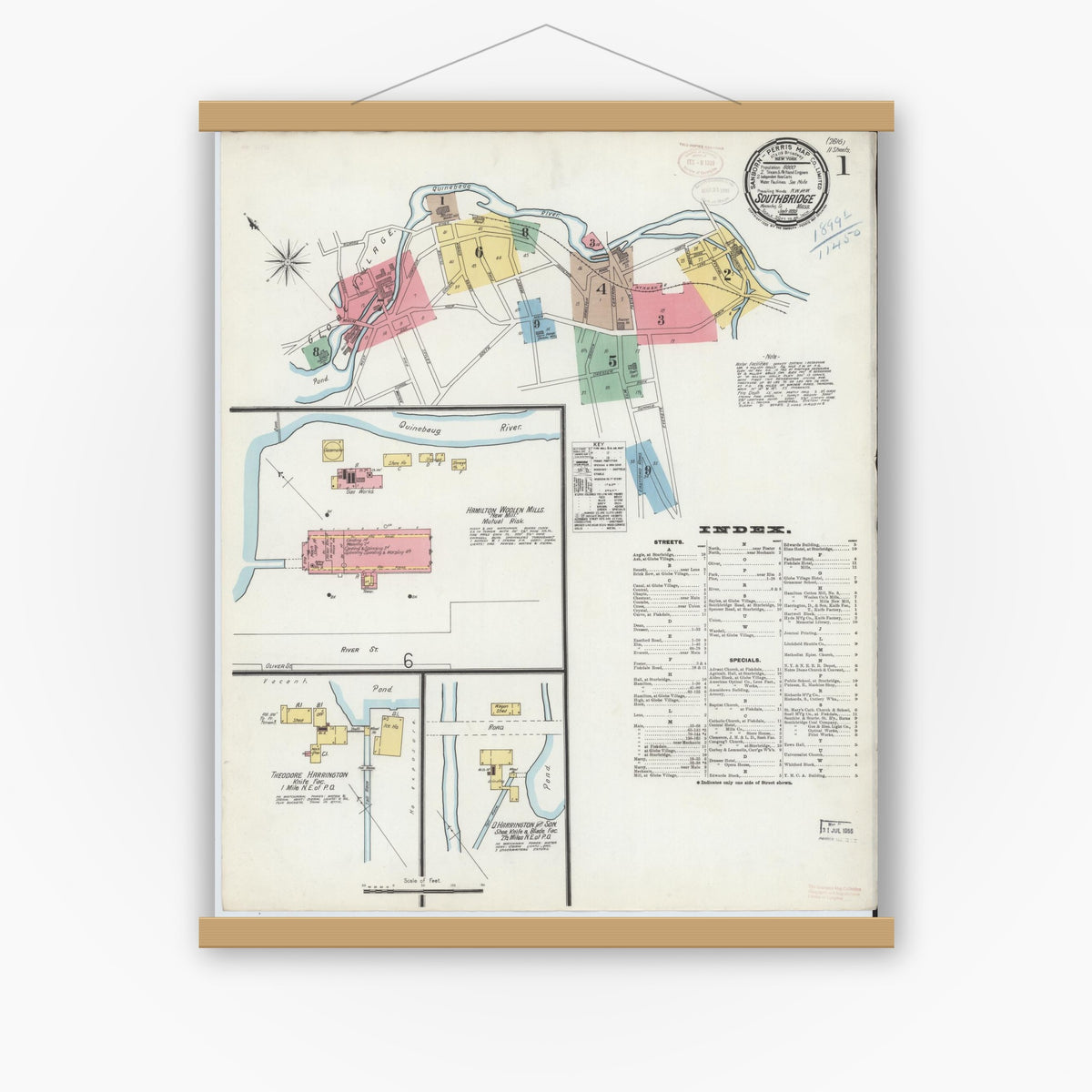 Old map wall art mockup — magnetic wood frame on white wall — Sanborn Fire Insurance Map from Southbridge, Worcester County, Massachusetts (1899) - Complete Map Set