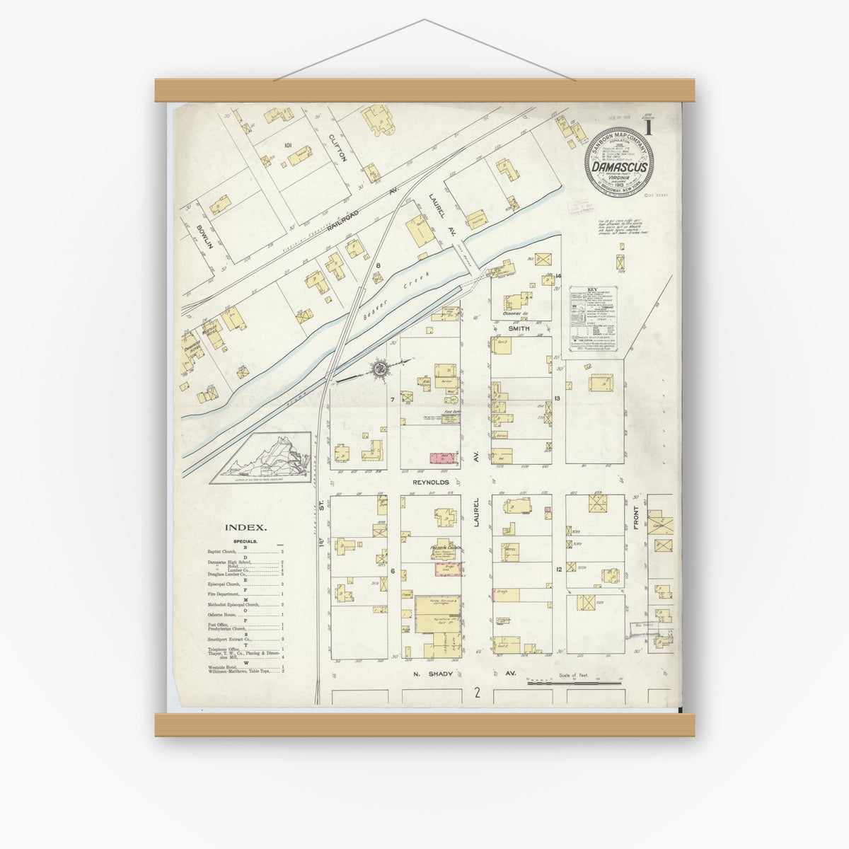 Old map wall art mockup — magnetic wood frame on white wall — Sanborn Fire Insurance Map from Damascus, Washington County, Virginia (1913) - Complete Map Set
