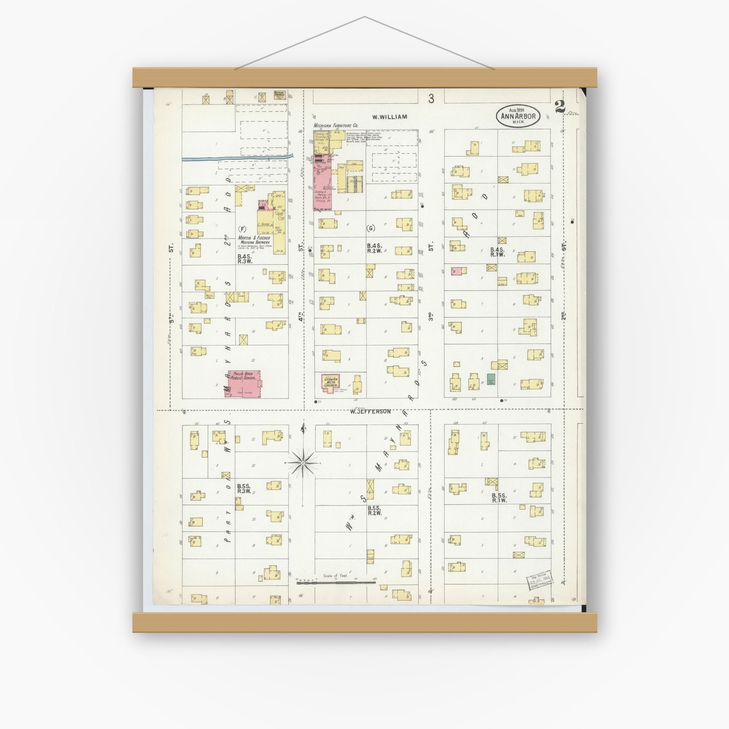 Old map wall art mockup — magnetic wood frame on white wall — Sanborn Fire Insurance Map from Ann Arbor, Washtenaw County, Michigan (1899), Sheet #0002