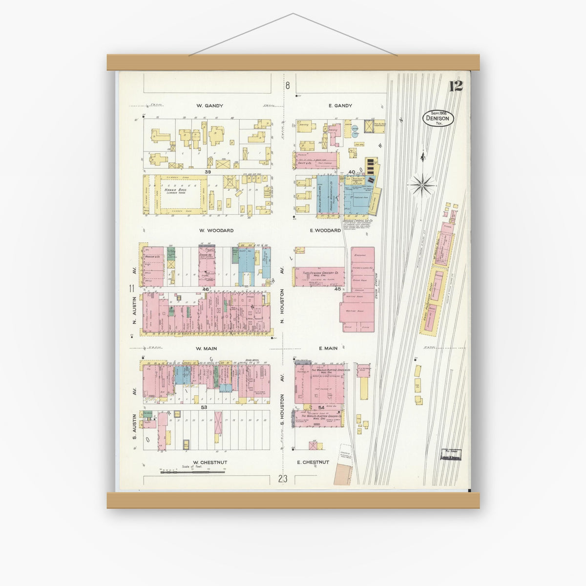 Old map wall art mockup — magnetic wood frame on white wall — Sanborn Fire Insurance Map from Denison, Grayson County, Texas (1908), Sheet #0012