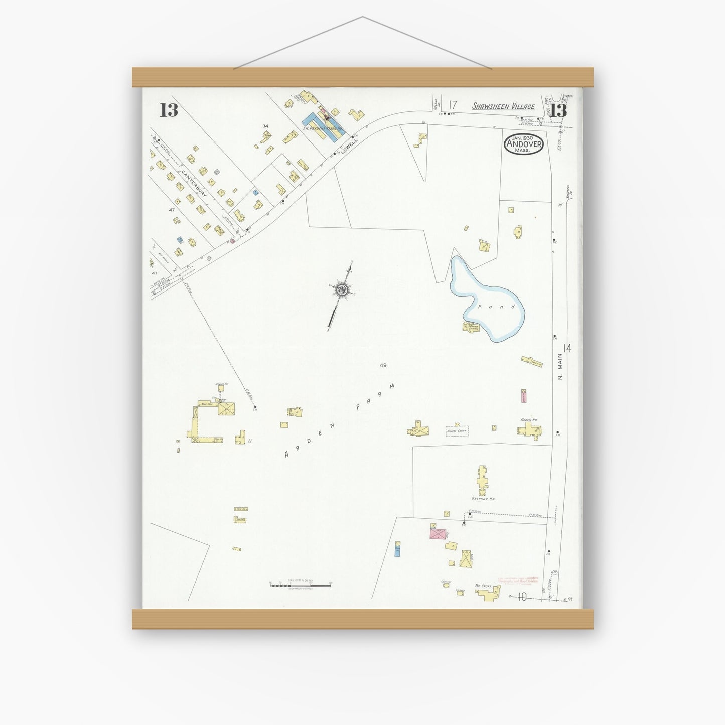 Old map wall art mockup — magnetic wood frame on white wall — Sanborn Fire Insurance Map from Andover, Essex County, Massachusetts (1930), Sheet #0013
