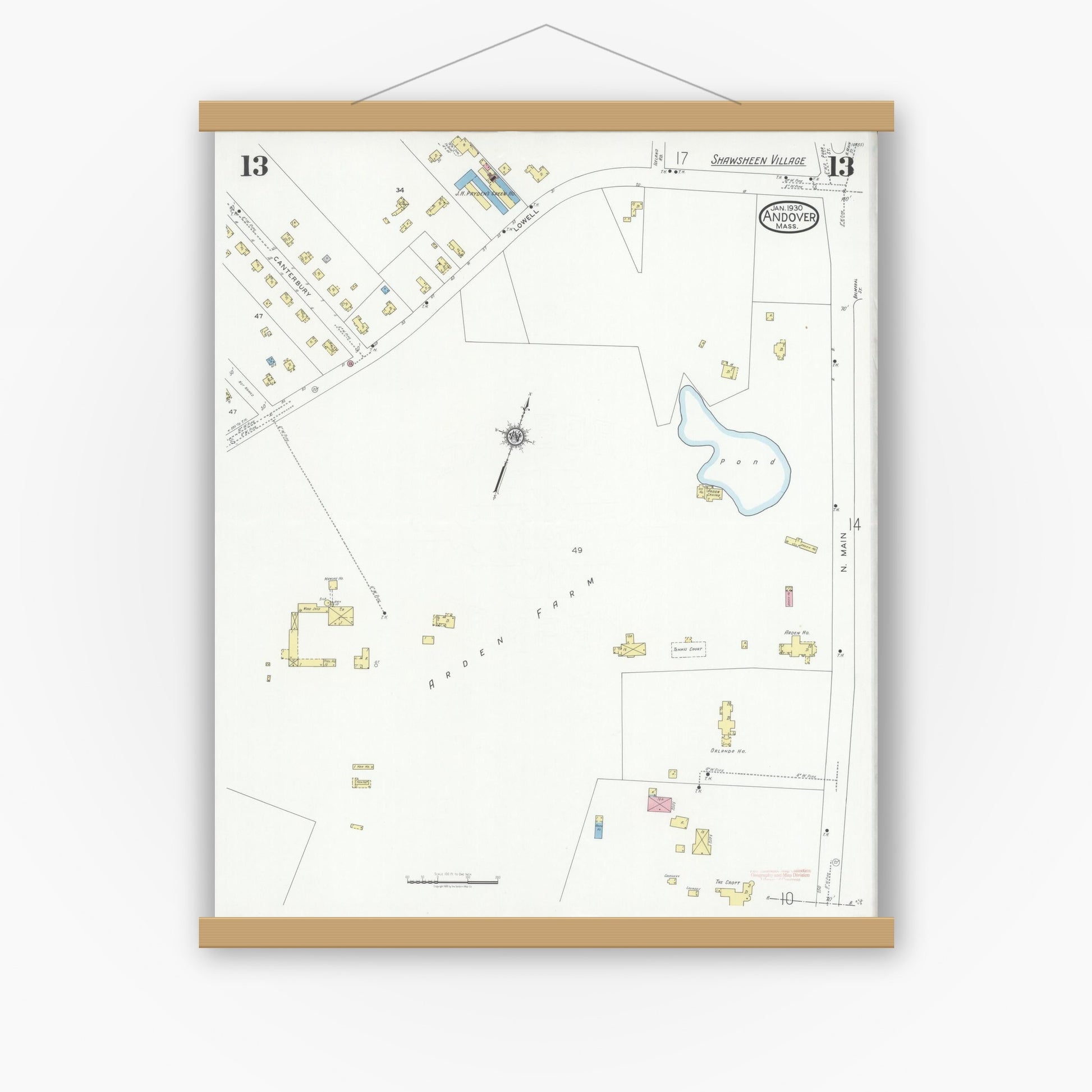 Old map wall art mockup — magnetic wood frame on white wall — Sanborn Fire Insurance Map from Andover, Essex County, Massachusetts (1930), Sheet #0013