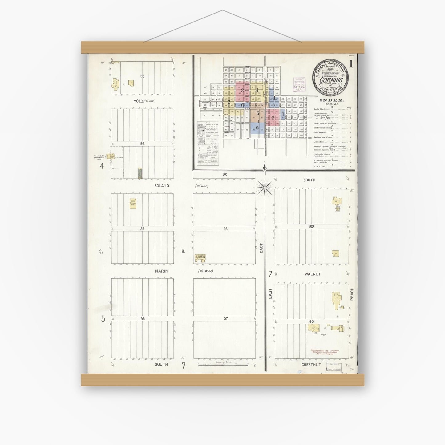 Old map wall art mockup — magnetic wood frame on white wall — Sanborn Fire Insurance Map from Corning, Tehama County, California (1903) - Complete Map Set