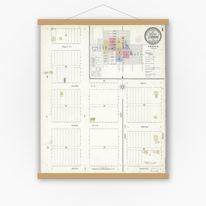 Old map wall art mockup — magnetic wood frame on white wall — Sanborn Fire Insurance Map from Corning, Tehama County, California (1903) - Complete Map Set
