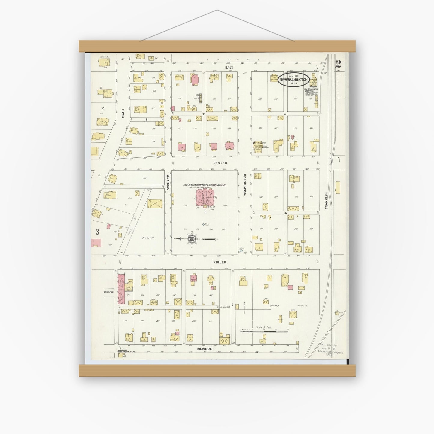 Old map wall art mockup — magnetic wood frame on white wall — Sanborn Fire Insurance Map from New Washington, Crawford County, Ohio (1911), Sheet #0002