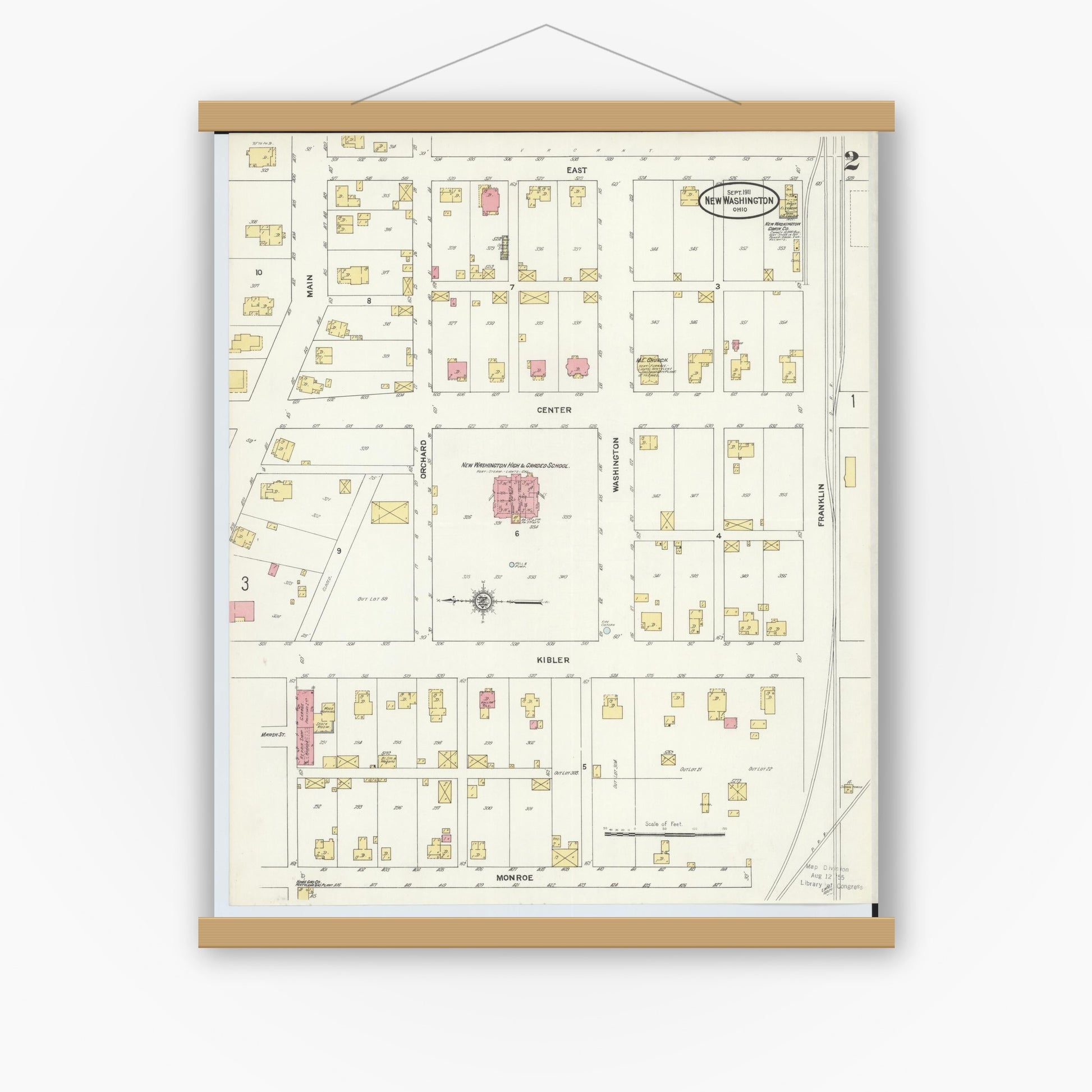 Old map wall art mockup — magnetic wood frame on white wall — Sanborn Fire Insurance Map from New Washington, Crawford County, Ohio (1911), Sheet #0002