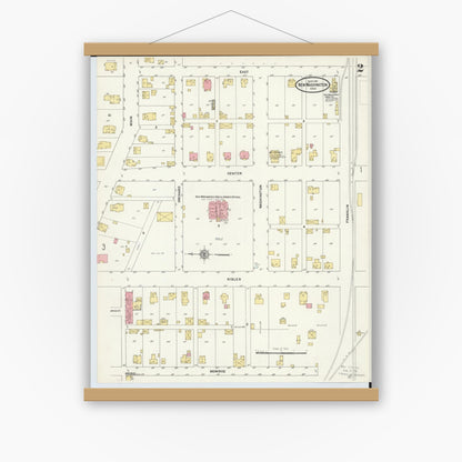 Old map wall art mockup — magnetic wood frame on white wall — Sanborn Fire Insurance Map from New Washington, Crawford County, Ohio (1911), Sheet #0002