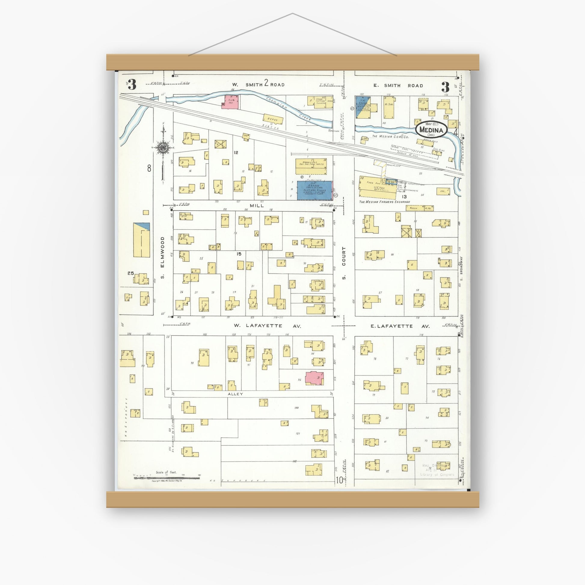 Old map wall art mockup — magnetic wood frame on white wall — Sanborn Fire Insurance Map from Medina, Medina County, Ohio (1923), Sheet #0003