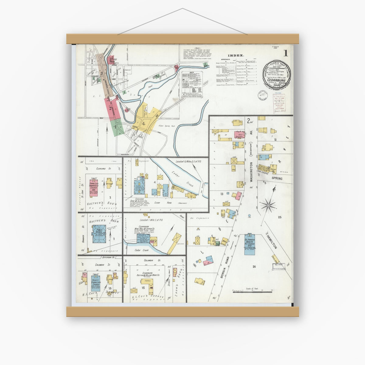 Old map wall art mockup — magnetic wood frame on white wall — Sanborn Fire Insurance Map from Cedarburg, Ozaukee County, Wisconsin (1900) - Complete Map Set