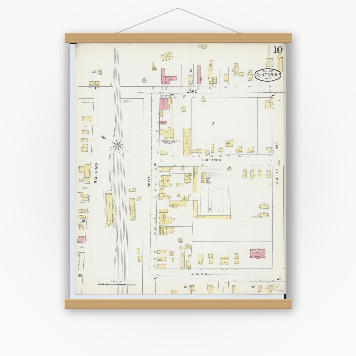 Old map wall art mockup — magnetic wood frame on white wall — Sanborn Fire Insurance Map from Ashtabula, Ashtabula County, Ohio (1893), Sheet #0010
