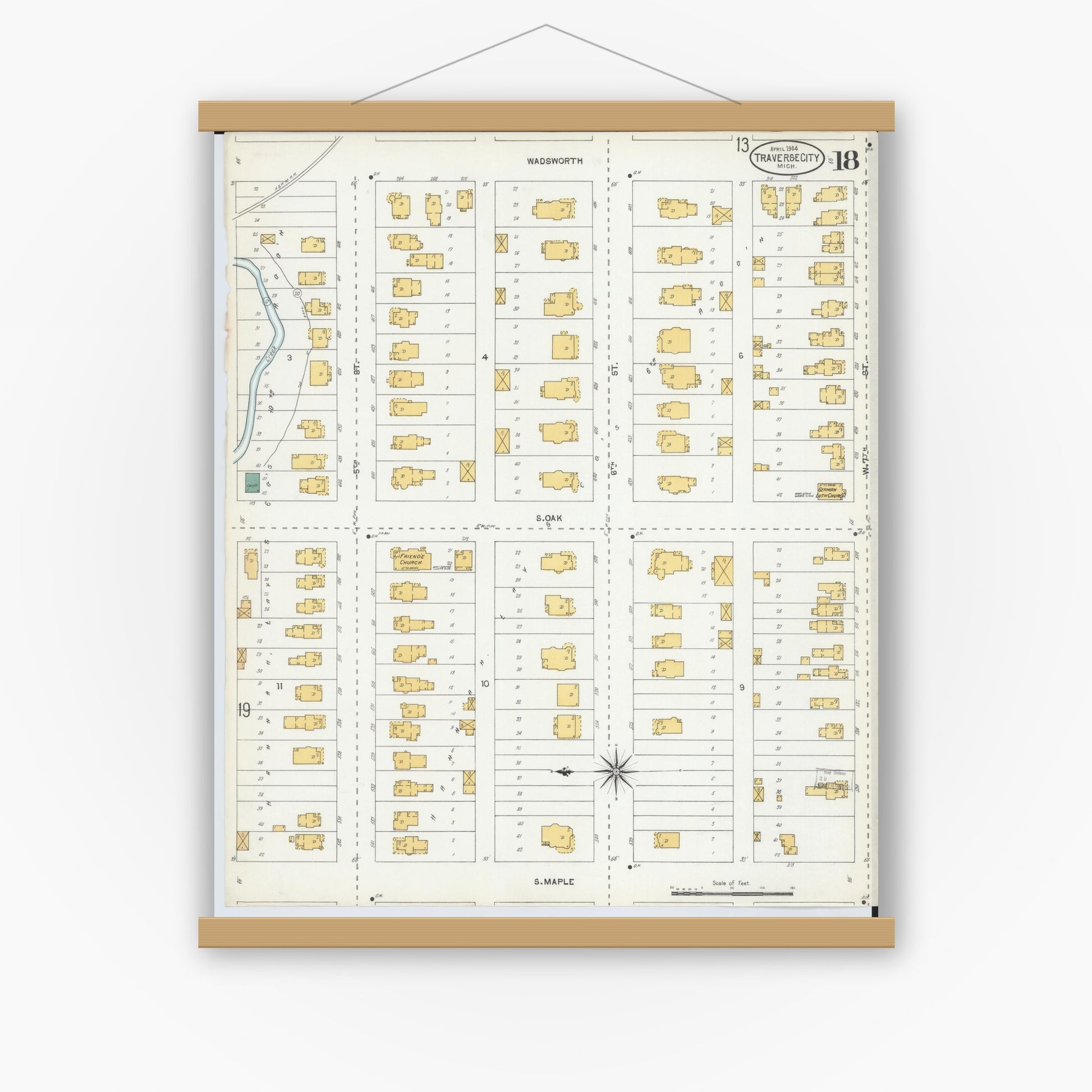 Old map wall art mockup — magnetic wood frame on white wall — Sanborn Fire Insurance Map from Traverse City, Grand Traverse County, Michigan (1904), Sheet #0018
