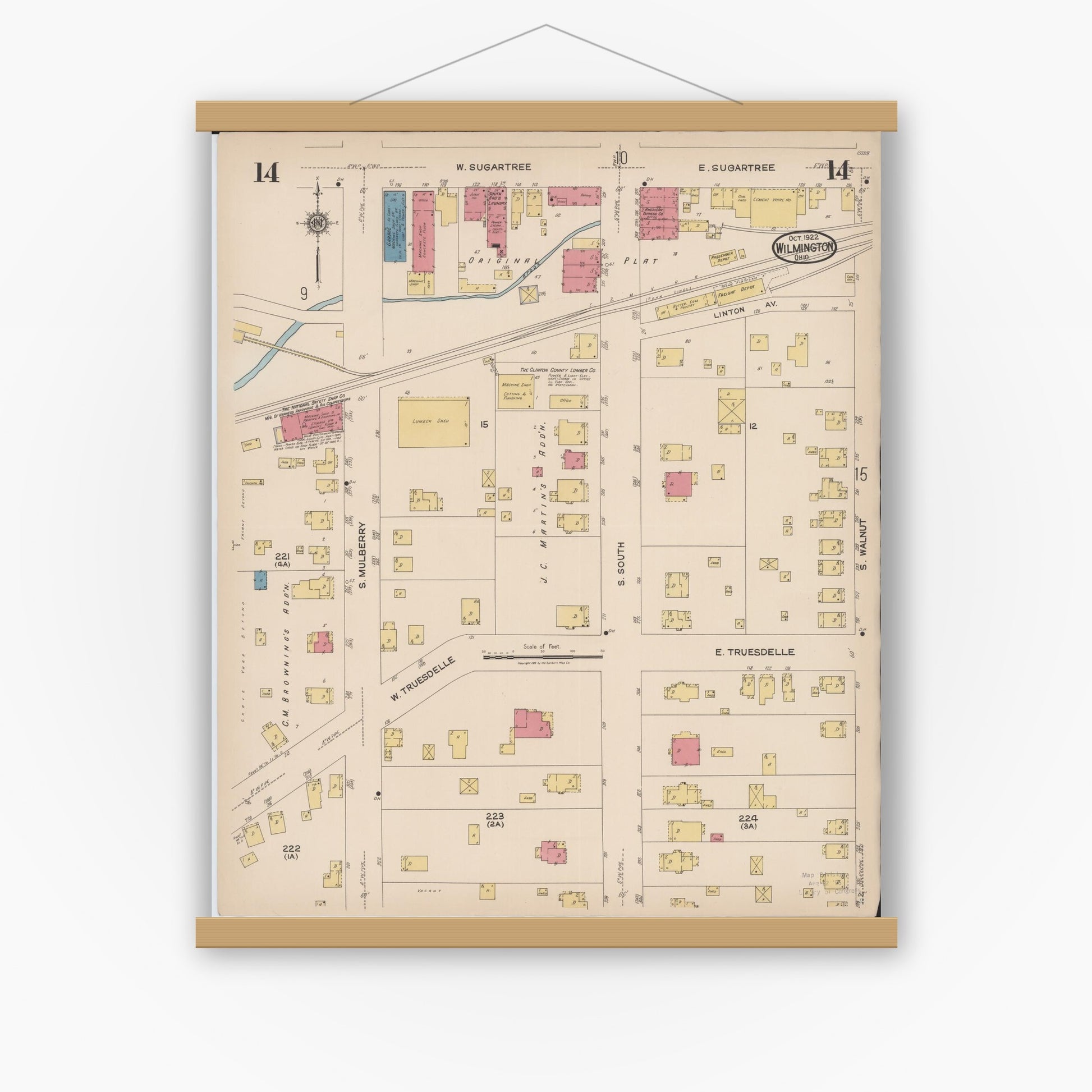 Old map wall art mockup — magnetic wood frame on white wall — Sanborn Fire Insurance Map from Wilmington, Clinton County, Ohio (1922), Sheet #0014
