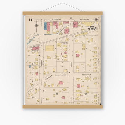 Old map wall art mockup — magnetic wood frame on white wall — Sanborn Fire Insurance Map from Wilmington, Clinton County, Ohio (1922), Sheet #0014