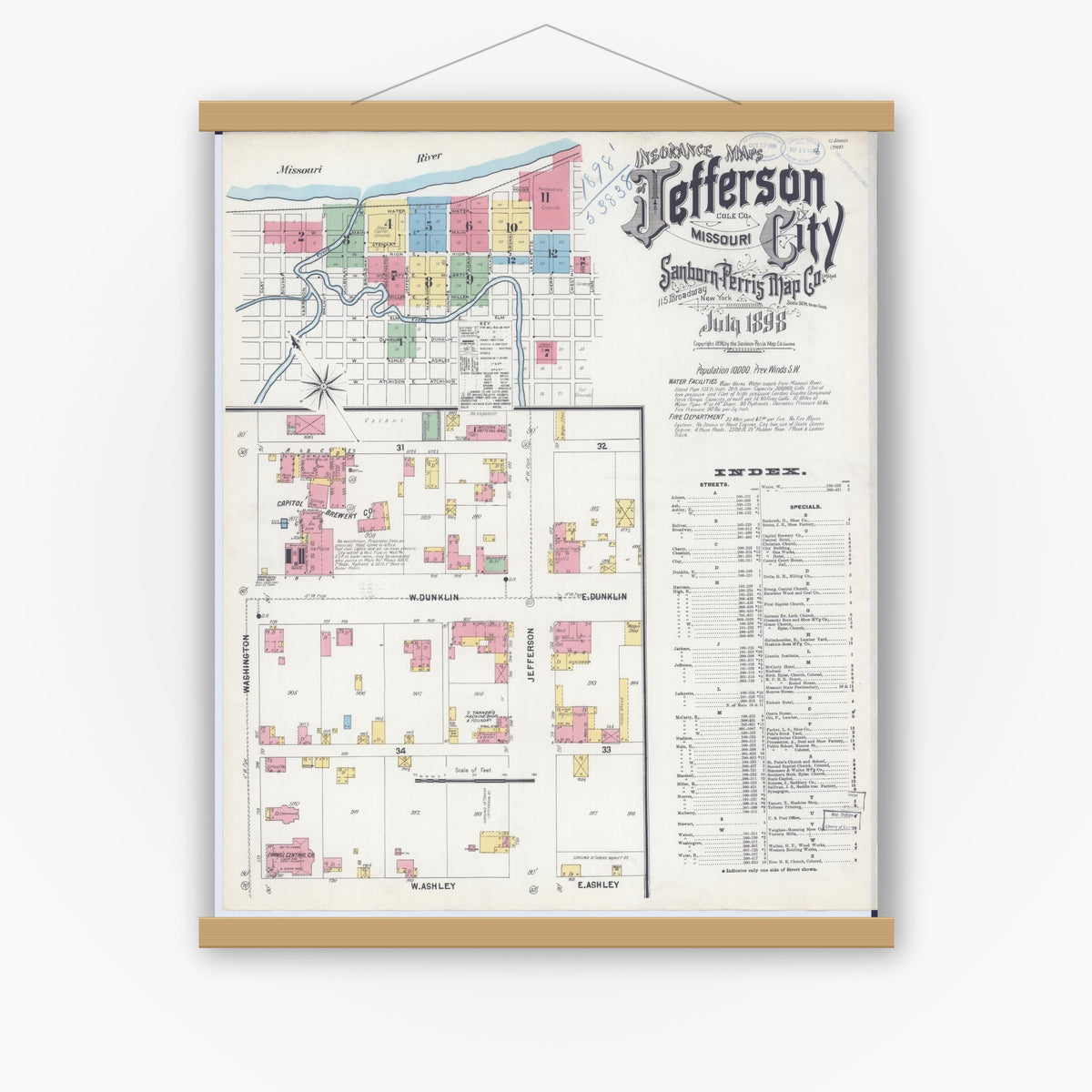 Old map wall art mockup — magnetic wood frame on white wall — Sanborn Fire Insurance Map from Jefferson City, Cole County, Missouri (1898) - Complete Map Set