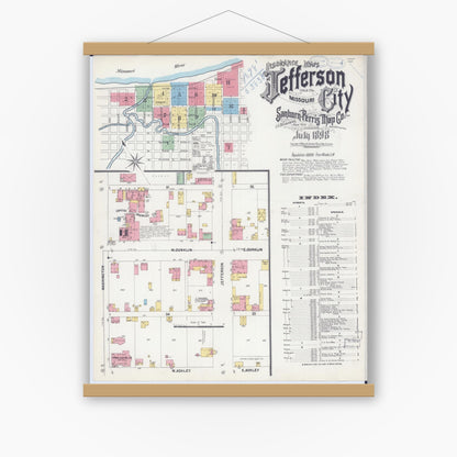 Old map wall art mockup — magnetic wood frame on white wall — Sanborn Fire Insurance Map from Jefferson City, Cole County, Missouri (1898) - Complete Map Set