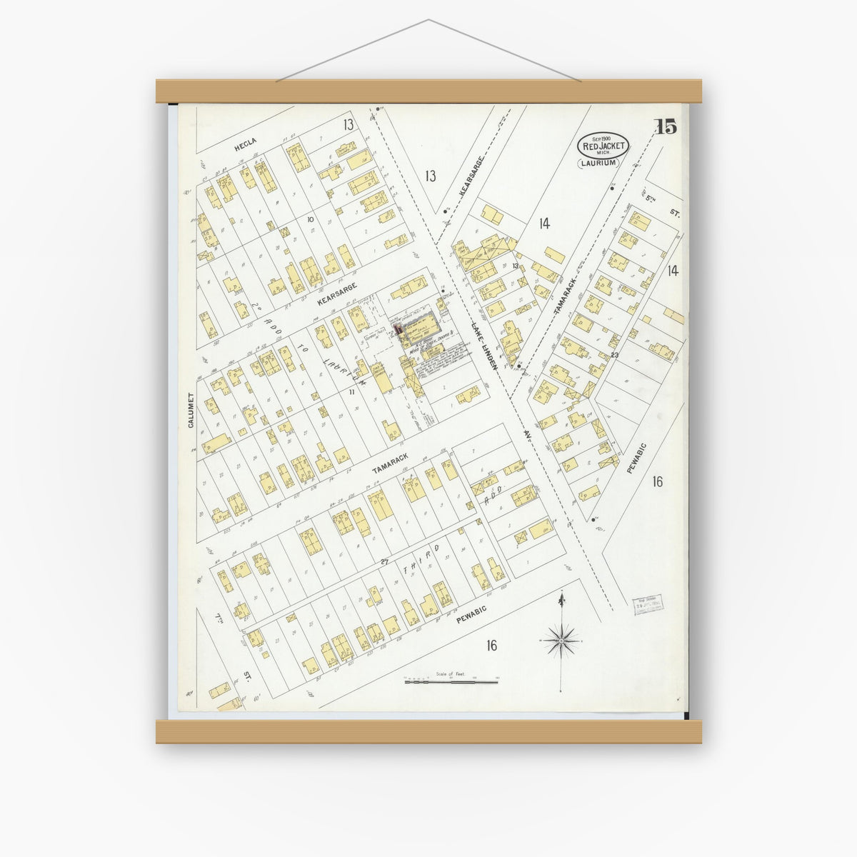 Old map wall art mockup — magnetic wood frame on white wall — Sanborn Fire Insurance Map from Red Jacket, Houghton County, Michigan (1900), Sheet #0015