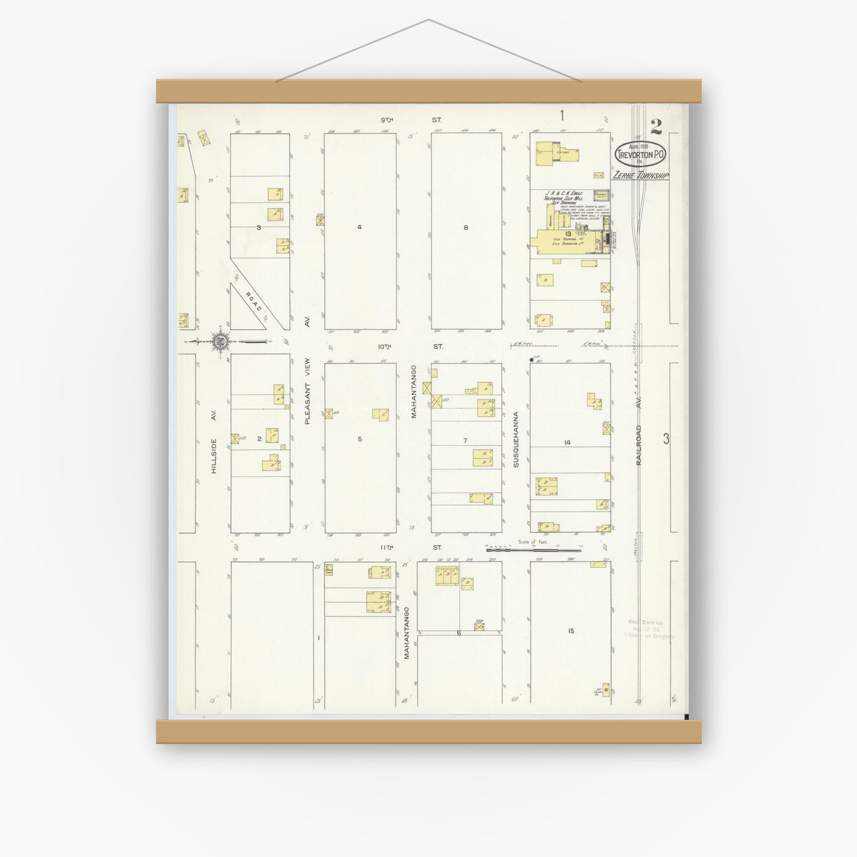 Old map wall art mockup — magnetic wood frame on white wall — Sanborn Fire Insurance Map from Trevorton Post Office, Northumberland County, Pennsylvania (1913), Sheet #0002