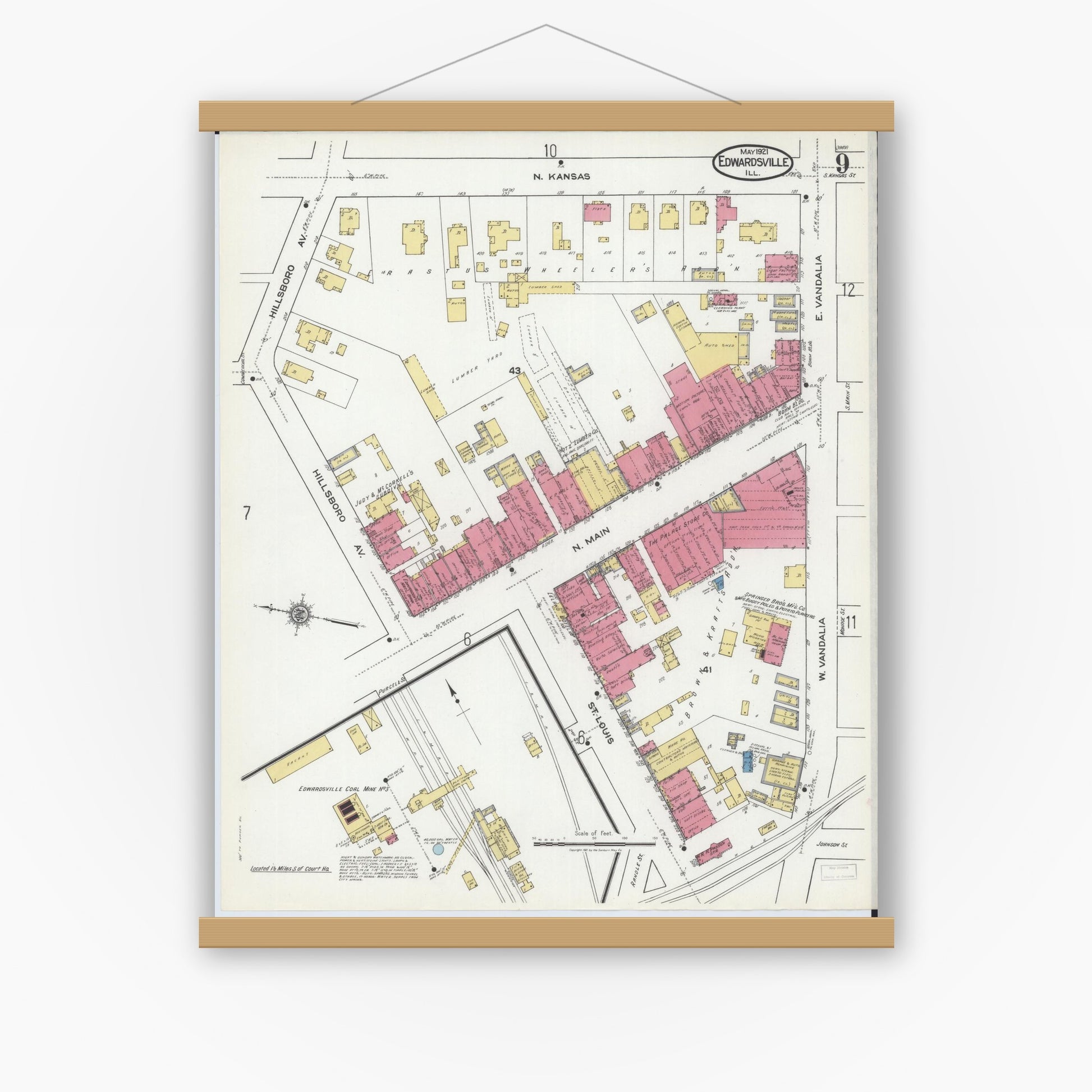 Old map wall art mockup — magnetic wood frame on white wall — Sanborn Fire Insurance Map from Edwardsville, Madison County, Illinois (1921), Sheet #0009