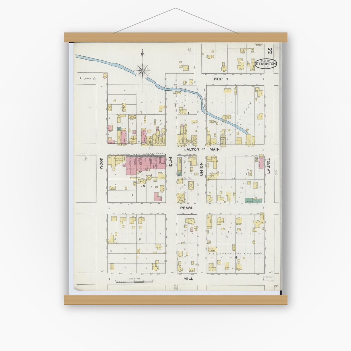 Old map wall art mockup — magnetic wood frame on white wall — Sanborn Fire Insurance Map from Staunton, Macoupin County, Illinois (1894), Sheet #0003