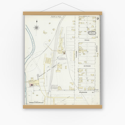 Old map wall art mockup — magnetic wood frame on white wall — Sanborn Fire Insurance Map from Hurley, Iron County, Wisconsin (1891), Sheet #0009