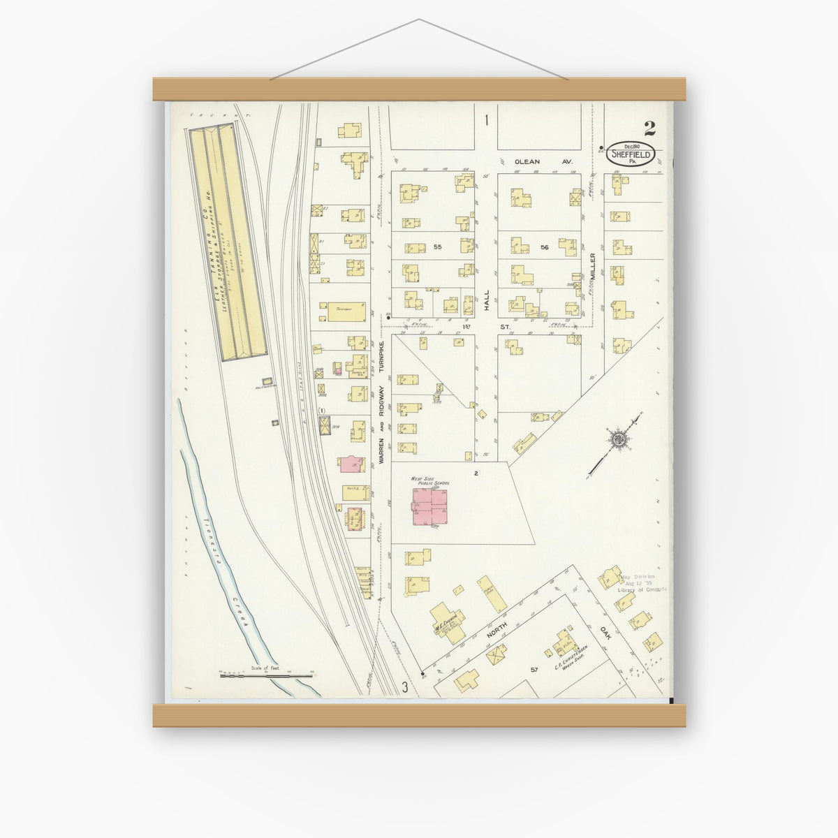 Old map wall art mockup — magnetic wood frame on white wall — Sanborn Fire Insurance Map from Sheffield, Warren County, Pennsylvania (1910), Sheet #0002