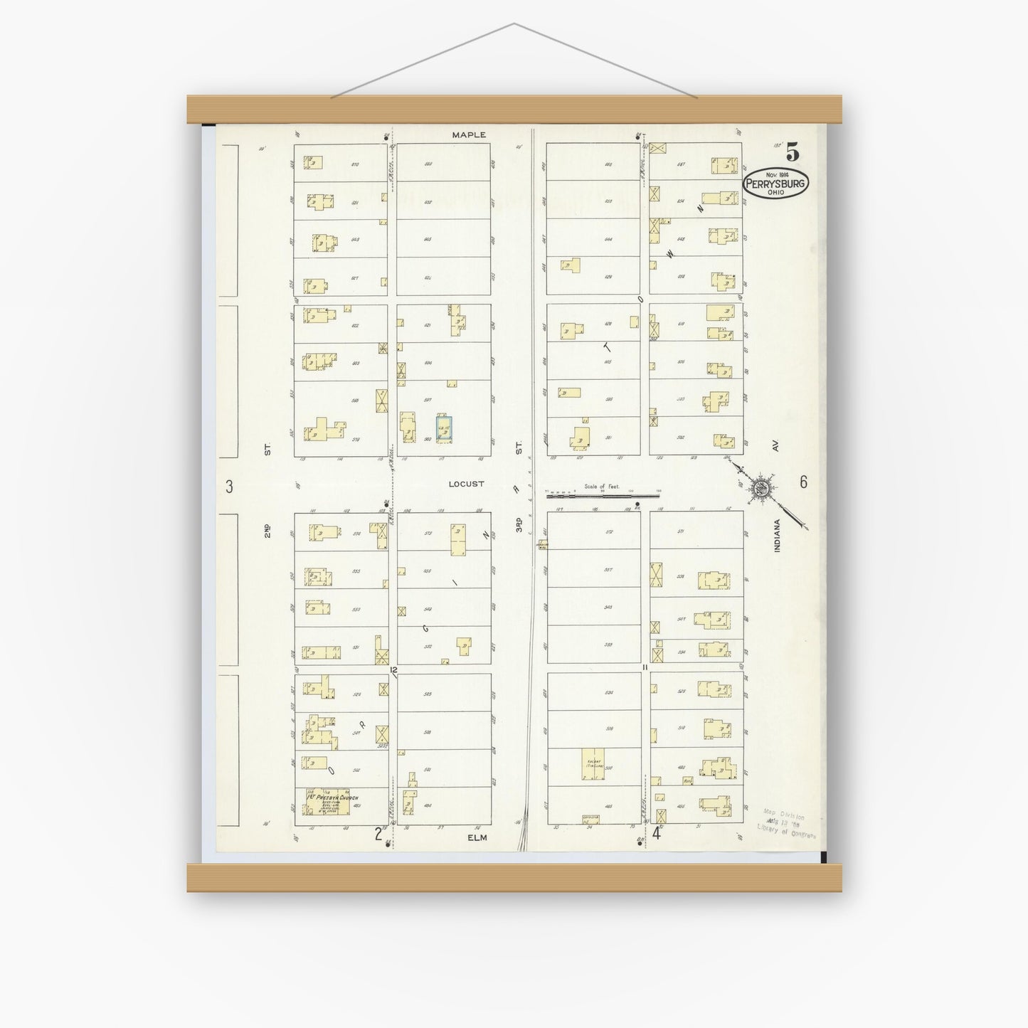 Old map wall art mockup — magnetic wood frame on white wall — Sanborn Fire Insurance Map from Perrysburg, Wood County, Ohio (1914), Sheet #0005