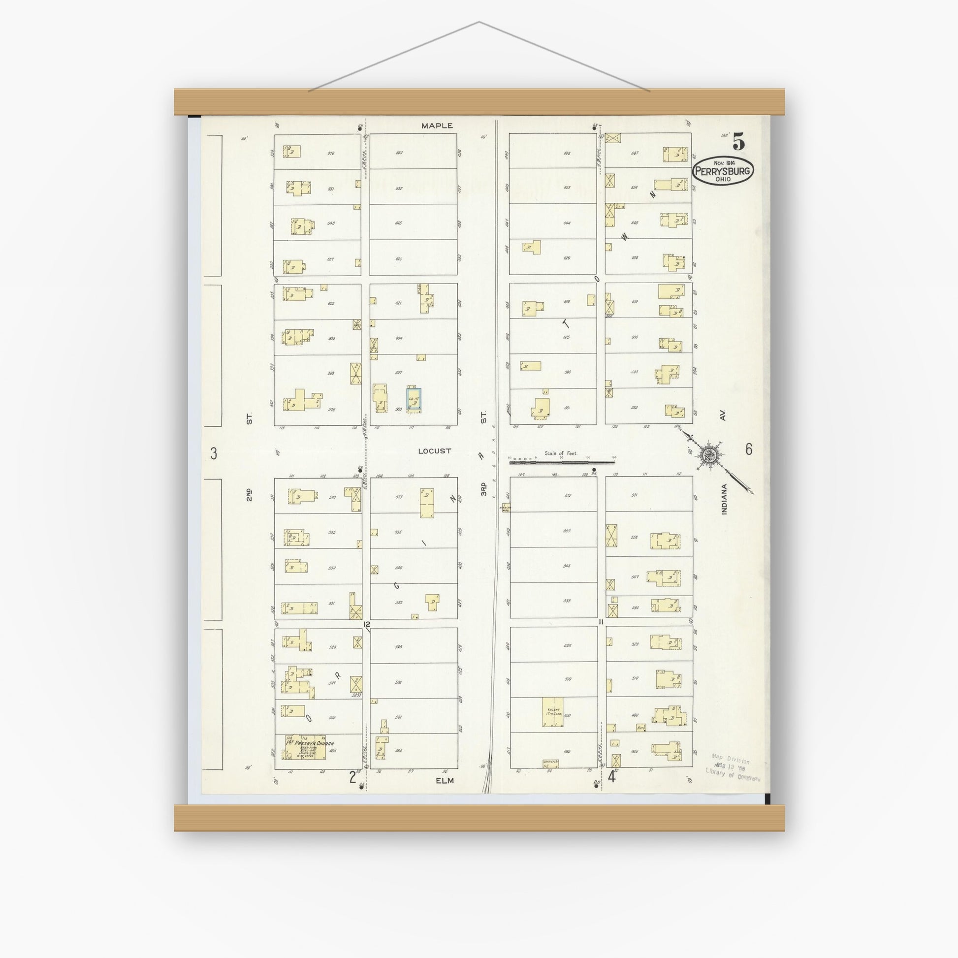 Old map wall art mockup — magnetic wood frame on white wall — Sanborn Fire Insurance Map from Perrysburg, Wood County, Ohio (1914), Sheet #0005