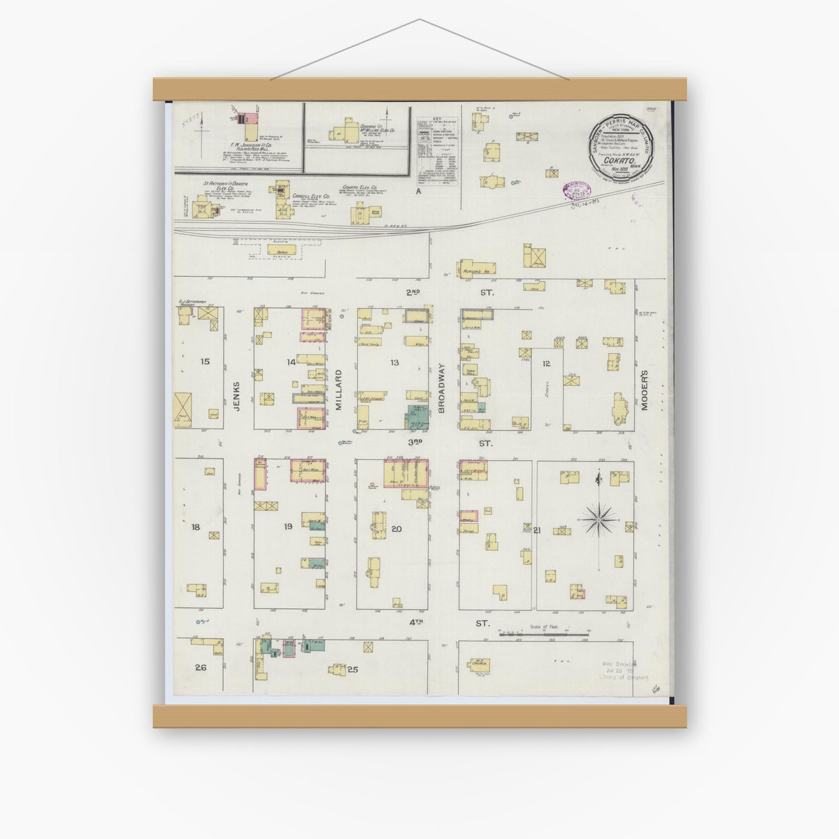 Old map wall art mockup — magnetic wood frame on white wall — Sanborn Fire Insurance Map from Cokato, Wright County, Minnesota (1893), Sheet #0001