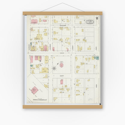 Old map wall art mockup — magnetic wood frame on white wall — Sanborn Fire Insurance Map from Caro, Tuscola County, Michigan (1895), Sheet #0002