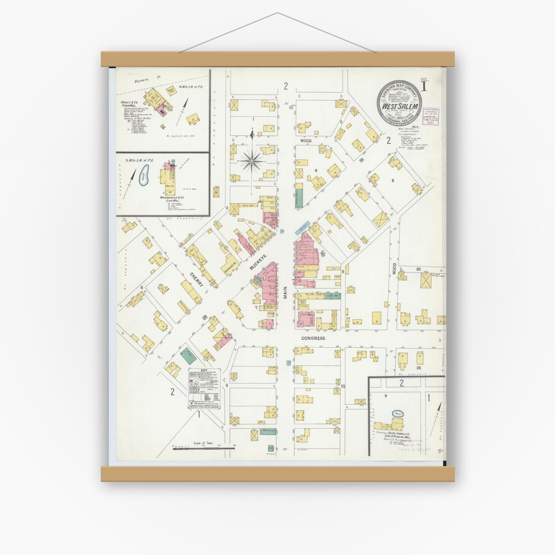 Old map wall art mockup — magnetic wood frame on white wall — Sanborn Fire Insurance Map from West Salem, Wayne County, Ohio (1904) - Complete Map Set