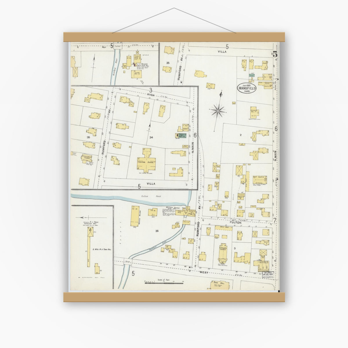 Old map wall art mockup — magnetic wood frame on white wall — Sanborn Fire Insurance Map from Mansfield, Bristol County, Massachusetts (1903), Sheet #0005