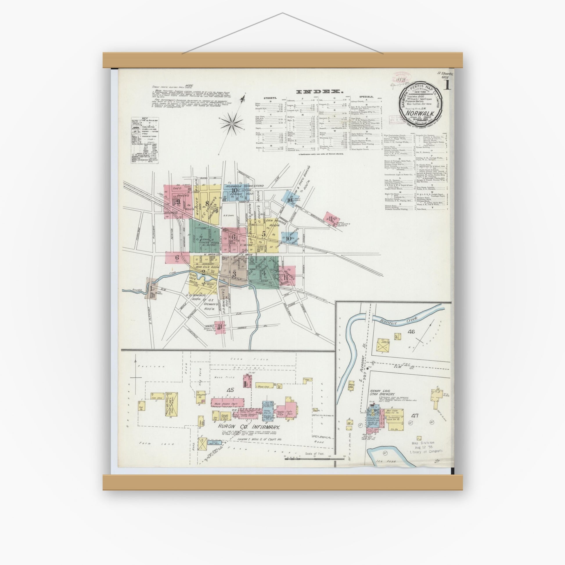 Old map wall art mockup — magnetic wood frame on white wall — Sanborn Fire Insurance Map from Norwalk, Huron County, Ohio (1893) - Complete Map Set