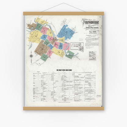 Old map wall art mockup — magnetic wood frame on white wall — Sanborn Fire Insurance Map from Southbridge, Worcester County, Massachusetts (1918), Sheet #0001
