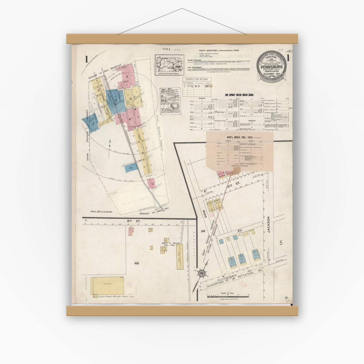 Old map wall art mockup — magnetic wood frame on white wall — Sanborn Fire Insurance Map from Pennsburg, Montgomery County, Pennsylvania (1933), Sheet #0001