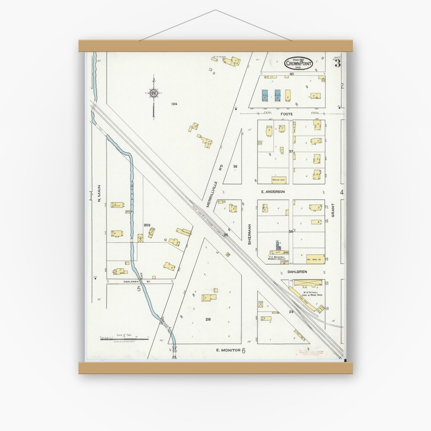 Old map wall art mockup — magnetic wood frame on white wall — Sanborn Fire Insurance Map from Crown Point, Lake County, Indiana (1921), Sheet #0003