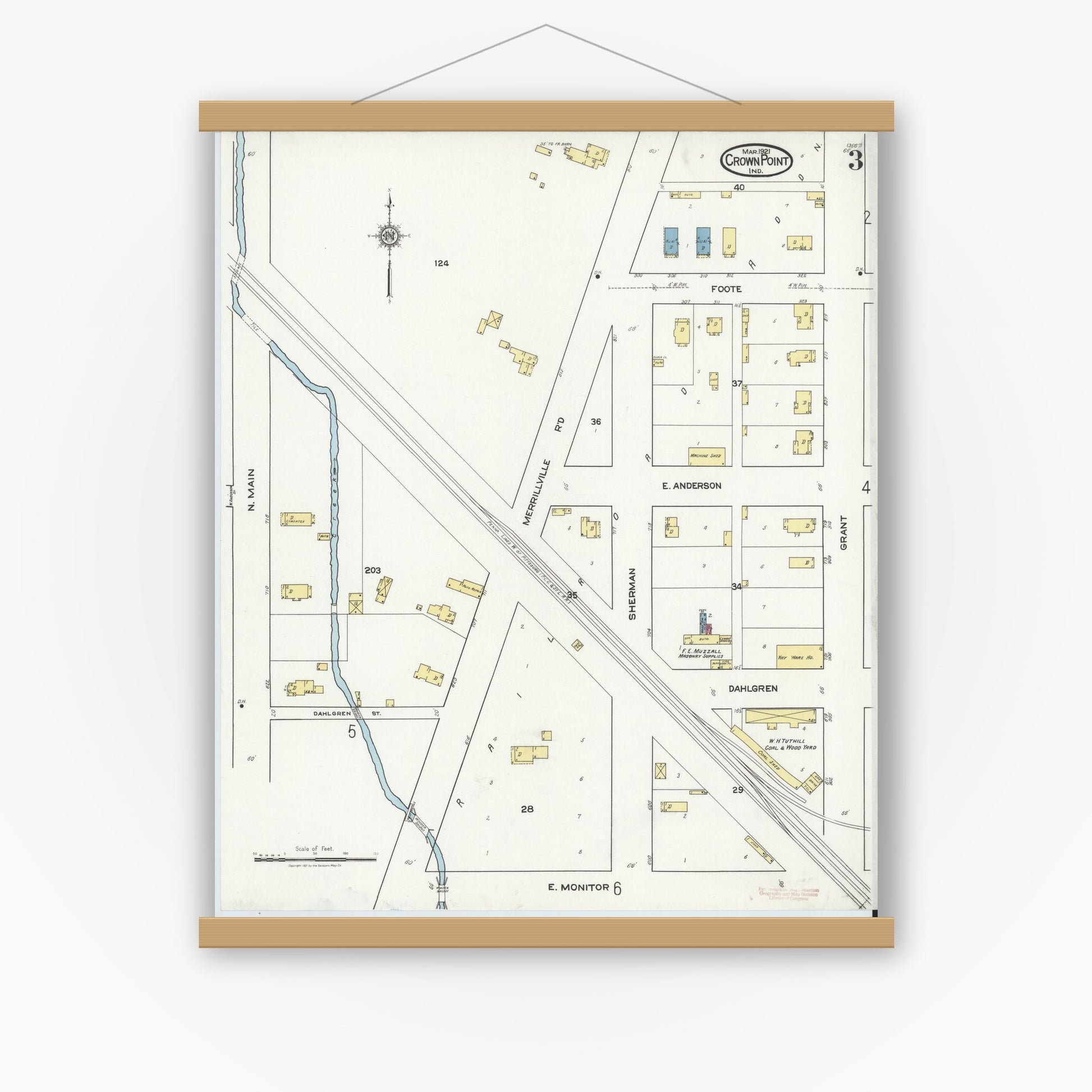 Old map wall art mockup — magnetic wood frame on white wall — Sanborn Fire Insurance Map from Crown Point, Lake County, Indiana (1921), Sheet #0003